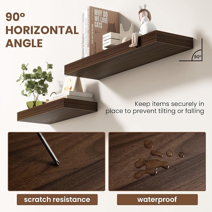 Acovy 72 Inch Floating Shelves for Wall 2 Pack, 72" Wall Shelves for Books, Storage, Decor, Wall Mounted Floating Shelf with Invisible Brackets for Kitchen, Living Room, Walnut