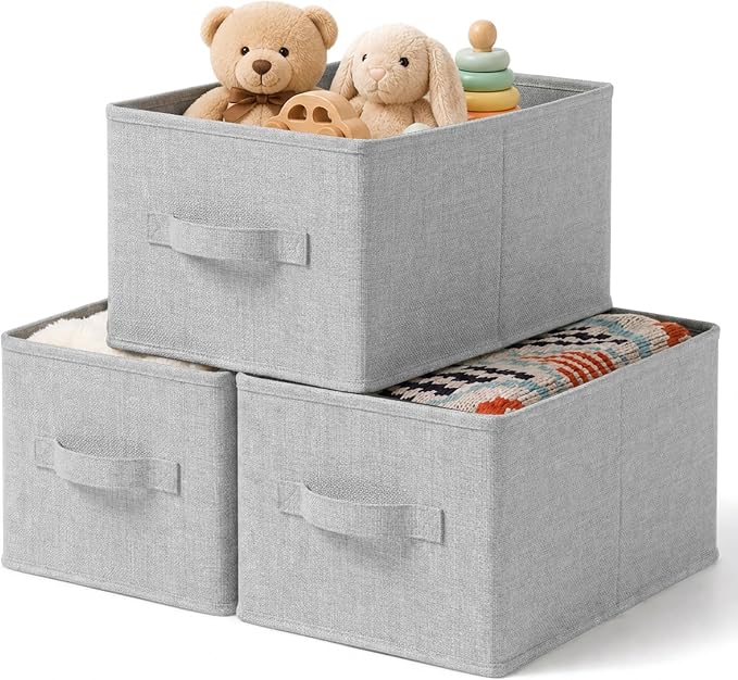 LayerSpace 3 Pack Fabric Storage Bins for Shelves | 11.5x8.75x6.5in Closet Storage Baskets | Collapsible Storage Bins | Fabric Closet Organizers with Handles | Light Gray | Thickened Rigid PP Panels, Cotton-linen Shelf Baskets, Measure 11.5"L x 8.75"W ...