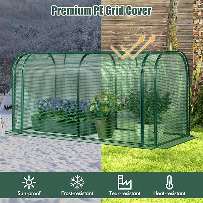 Happygrill Raised Garden Bed with Greenhouse Cover, Raised Bed with Legs & Drainage Holes for Herbs, Vegetables, Outdoor Wood Elevated Planter Box for Patio, Backyard, Balcony (Green+Natural)