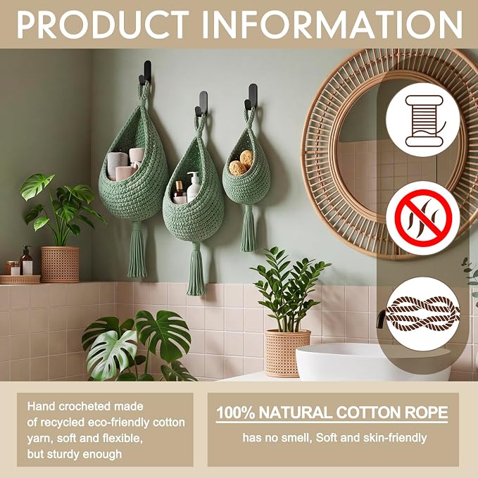 Honeydak 3 Hanging Baskets, Sage Green, Tassel, Cotton Rope | Wicker Wall Baskets with Hooks for Fruit Vegetable Onion Storage, Teardrop Organizer for Kitchen, Boho Farmhouse Decor
