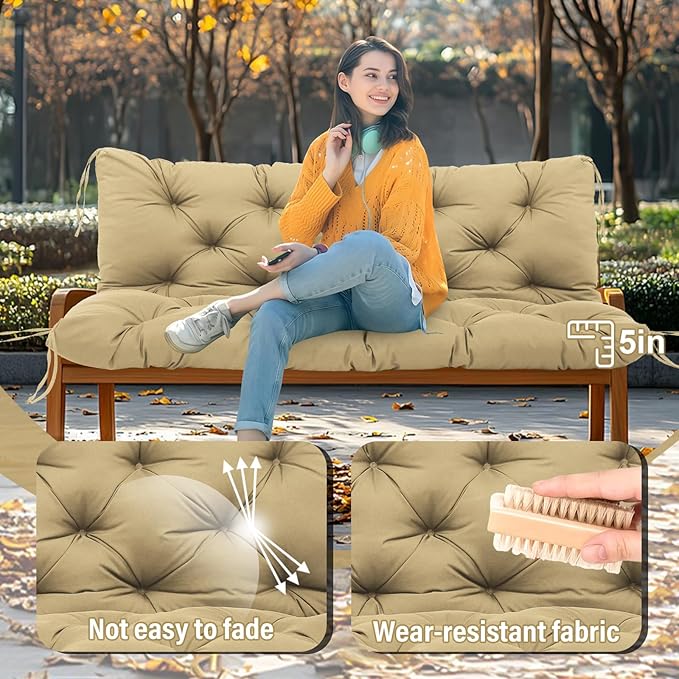 Premium 5" Thick Waterproof Porch Swing Cushions Sturdy Durable 2-3 Seat Replacement Outdoor Swing Cushions with Backrest&Ties Bench Cushion for Outdoor Furniture Backyard Patio Garden (Khaki)