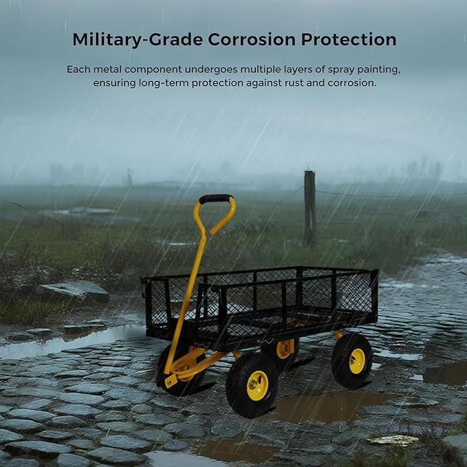 SUNNYFEEL 500 Lbs Capacity Heavy Duty Mesh Steel Garden Cart, Folding Utility Wagon with Removable Sides,10 Inch Flat Free Tires, Black & Yellow