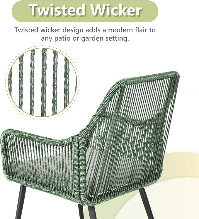 Patio Dining Chairs, Outdoor Dining Chairs with Armrest & Cushion Set of 2, All-Weather Woven Twisted Wicker Rattan Chair, Modern Indoor Outdoor Seating for Garden Lawn Backyard Green