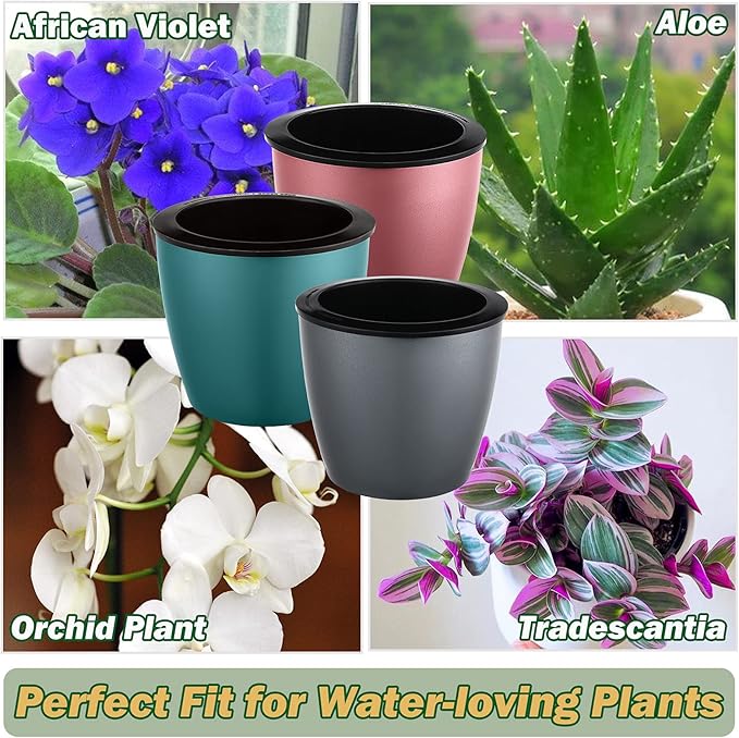 Planterhoma 6.7 Inch Self Watering Pots for Indoor Plants, 6 Packs African Violet Pots, Black Wick Pot with Drainage Holes, Self Watering Planters for Orchid, Devil's Ivy, Silver/Blue/Rose Gold