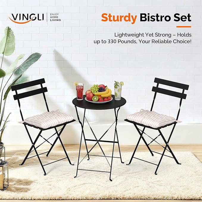 VINGLI Outdoor Folding Bistro Table and Chairs Set, 3-Piece Patio Bistro Set with 2 Chairs and Table, Metal Folding Bistro Set with Cushions for Patio, Balcony, Garden, Porch, Black
