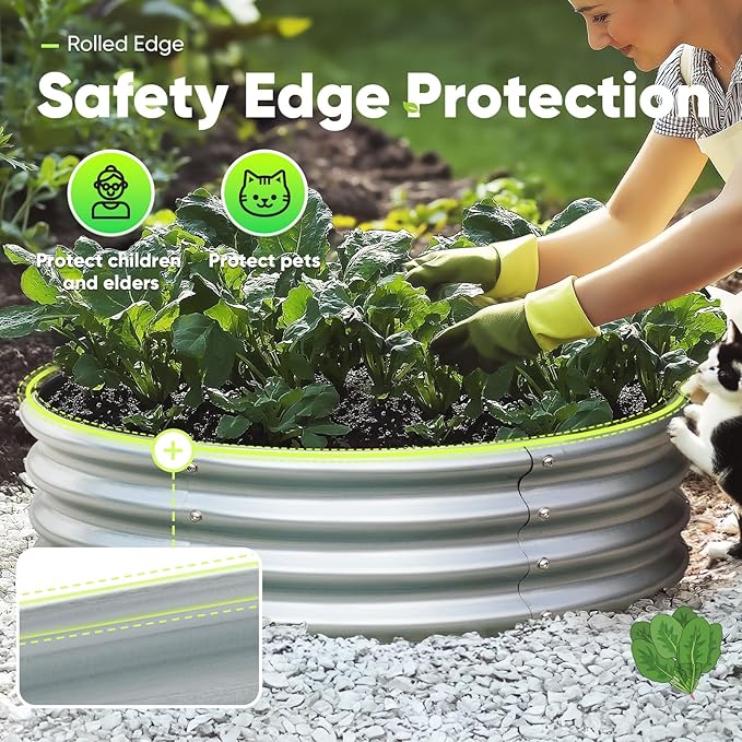 KING BIRD Raised Garden Bed Galvanized Round Planter Box Outdoor for Gardening, Plants, Vegetables, Flowers, Silver, 47.3x47.3x11.8 in