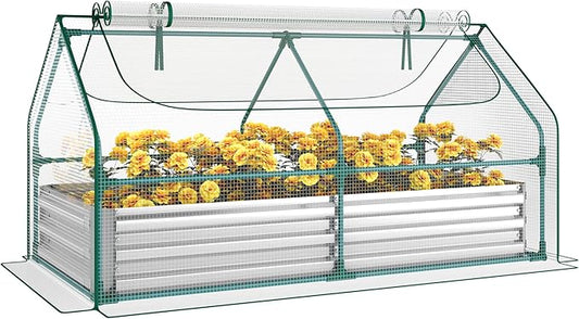 Miory Raised Garden Bed with PE Cover, 6x3x1 FT Galvanized Planter Box Outdoor with Greenhouse Cover, 2 Large Zippered Screen Windows for Vegetables, Flowers, Includes Labels & Gloves