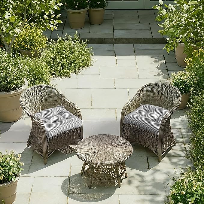 DYTXIII Set of 2 Outdoor Chair Cushions 19"x19"x4", Water Repellent Tufted Patio Seat Cushions with Ties, Thick Replacement Pads for Wicker Dining Chairs, Patio Furniture, Stripe Grey