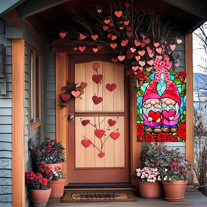 Valentines Gnomes House Flag 28x40 Inch Double Sided Outside, Stained Glass Valentines Yard Flag for Anniversary Wedding Outdoor Decoration