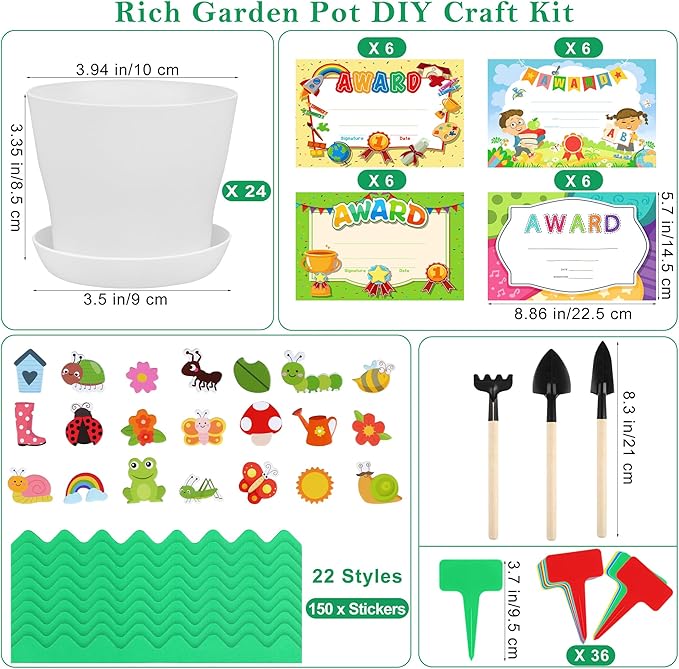 Elcoho 24 Packs Garden Plastic Pot Craft Kit Plant Spring Craft Kits for Kids Flower Pots with 150 Foam Stickers 36 Labels 24 Certificate of Awards 3 Tools Planting Growing Kit for Kids