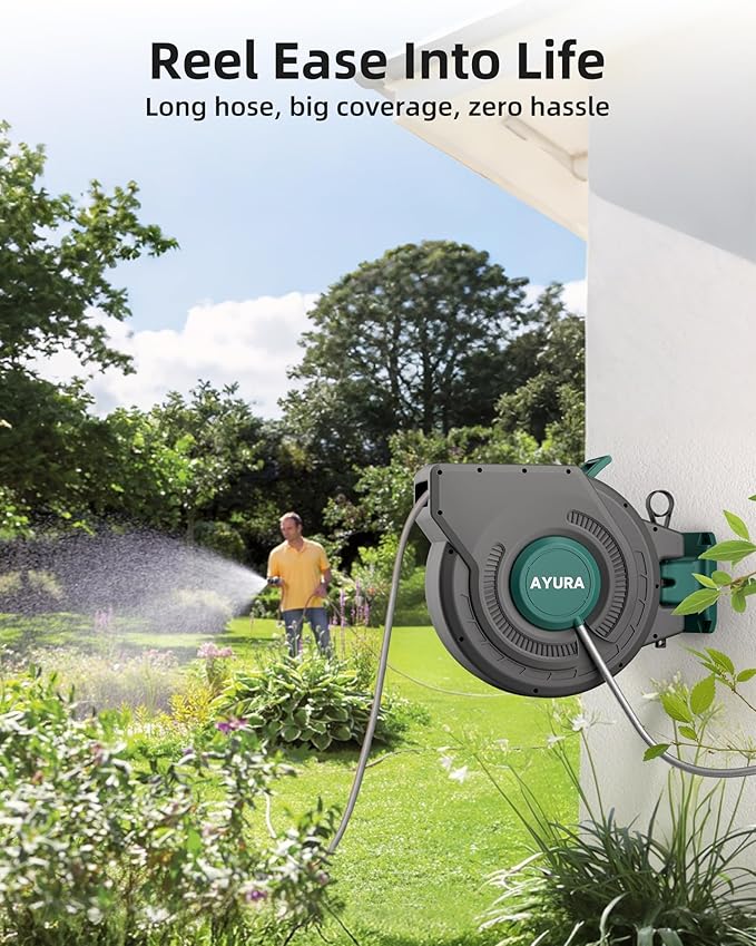 AYURA Retractable Garden Hose Reel 100 ft x 1/2 inch with Pro Metal Shaft, Heavy Duty Automatic Garden Hose Reels with Kink-Free Rewind and Lock at Any Length (Green, 50FT)
