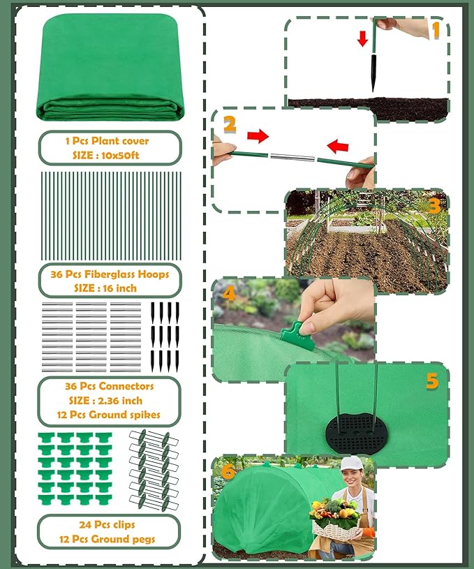 10ft x 30ft Plant Frost Protection Cover, 1.3 oz/yd² Reusable Freeze Blanket with 36 Hoops & 12 Stakes, Garden Greenhouse Tunnel for Winter Snow, Frost & Pest Protection on Outdoor Raised Beds