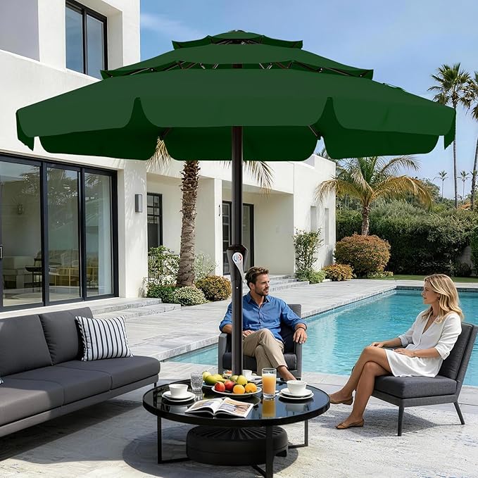 AreShark 11FT 3-Tiers Patio Umbrella with Valance, Outdoor with Crank, Large Outdoor Market Umbrellas Vented with 8 Sturdy Ribs, Patio Table Umbrellas for Garden, Deck, Backyard, Pool, Dark Green