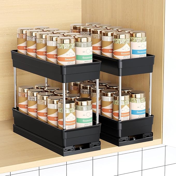 Pull Out Spice Rack Organizer for Cabinet, 2 Pack 2 Tier Sliding Spice Rack | Dual Rail, Slide Out Seasoning Organizer for Kitchen Cabinets, No Drill Installation, Space Saving Cabinet Storage Organizer