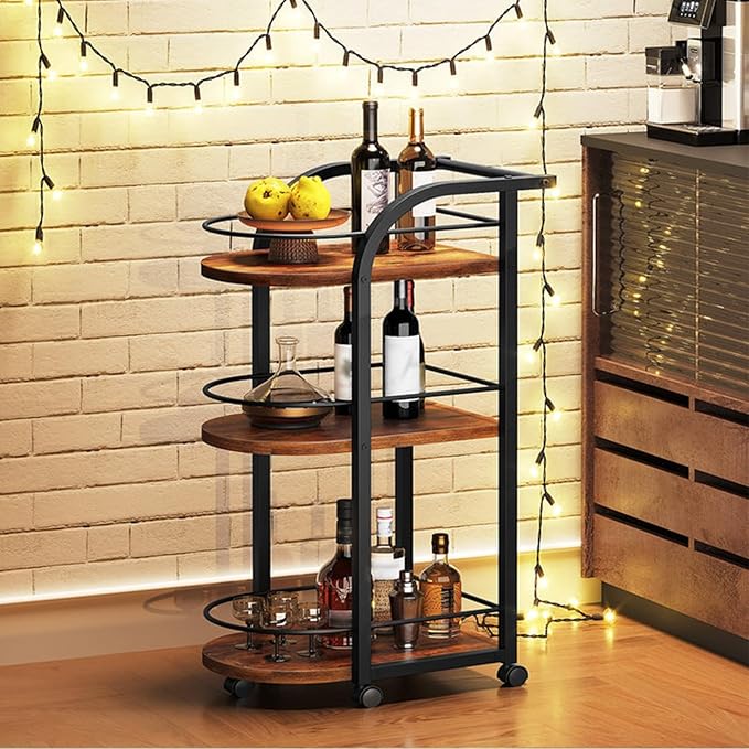 YATINEY 3-Tier Bar Cart, Home Bar Serving Cart with Fence and Wheels, for Dining Room, Living Room, Garden, Party, Rustic Brown and Black BC06BR