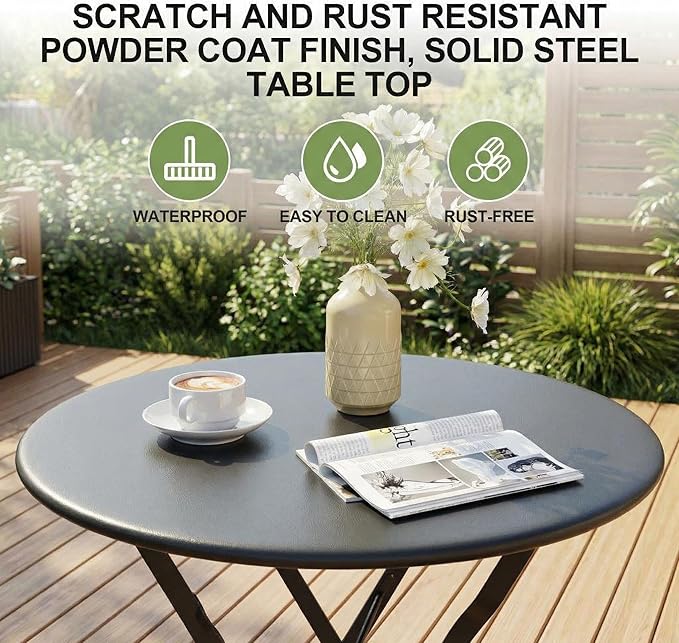 GarveeHome 3-Piece Foldable Bistro Set, Outdoor Patio Furniture with 2 Folding Chairs & 1 Table, Weather-Resistant Indoor/Outdoor Conversation Set for Patio, Black
