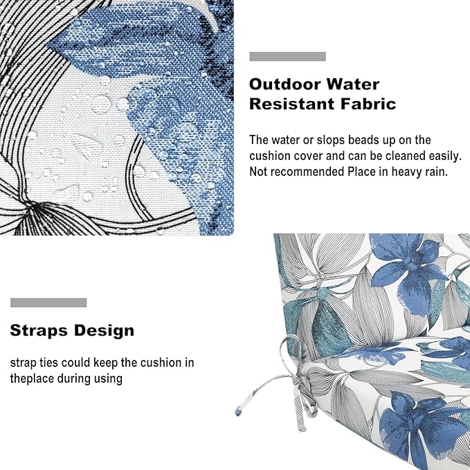 DYTXIII Outdoor High Back Chair Cushions Set of 2, 44"x22" Water Repellent Patio Seat Cushions with Elastic Sponge, All Weather Chair Pads for Rocking, Dining, Patio Furniture - Clemens Noir Blue