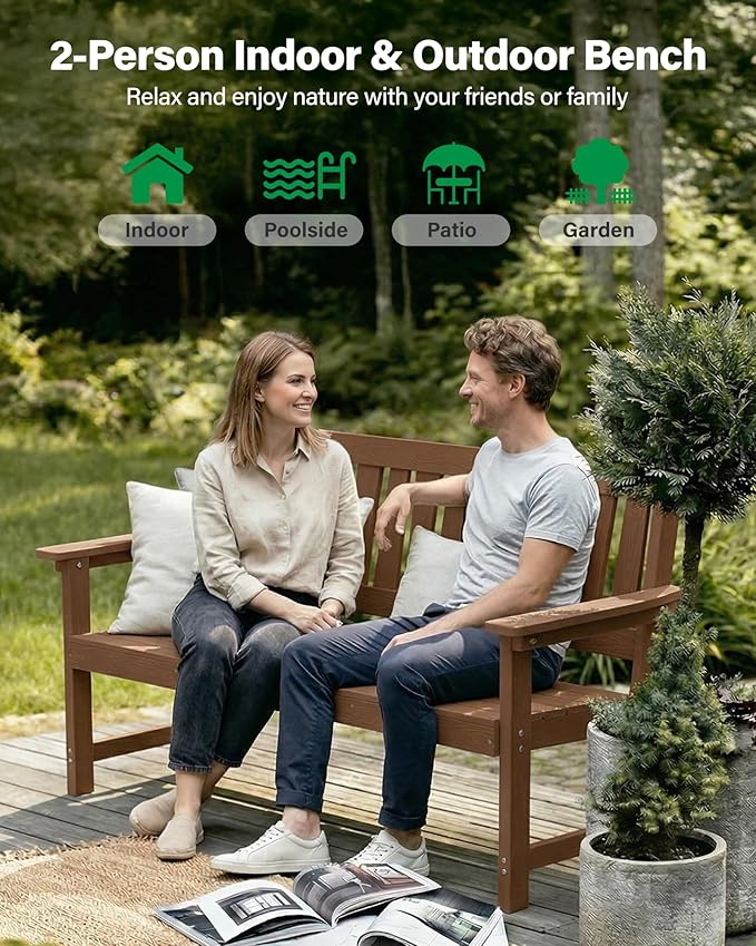 YEFU Outdoor Bench Weatherproof for Patio: 2-Person HIPS All Weather Garden Benches - Comfortable & Heavy Duty Patio Benches for Front Porch Backyard Park - Outside Furniture Bench Set of 2, Teak