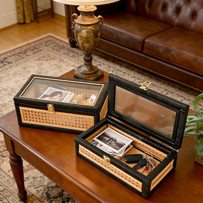 Black Rattan Decorative Wood Storage Boxes with Glass Lids Set of 2 | Ribbed Display Cases with Cane Weave & Solid Base – Nesting Coffee Table Organizer for Boho Chic Home Decor, Keepsakes