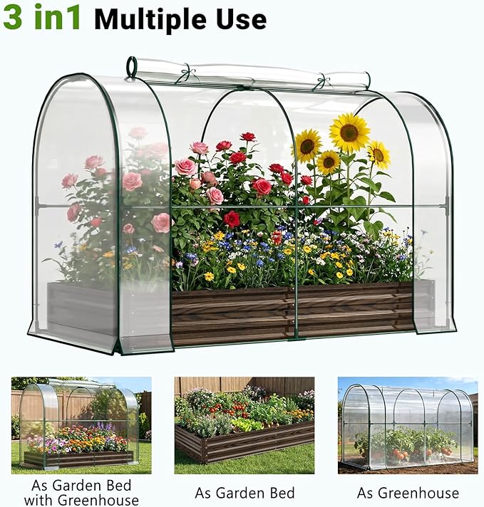 DoCred Galvanized Raised Garden Bed with PVC Cover, 84.6" x 45.3" x 47.2" Metal Planter Bottomless Box w/ Roll-Up Window, Mini Greenhouse Tent for Outdoor Growing Vegetables Flower Fruit