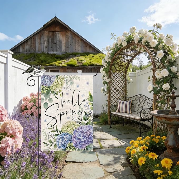 GEEORY Hello Spring Hydrangea Eucalyptus Garden Flag 12x18 Inch, Double Sided Spring Summer Decor, Farmhouse Rustic Outdoor Floral Flag Outside Yard Lawn Decoration