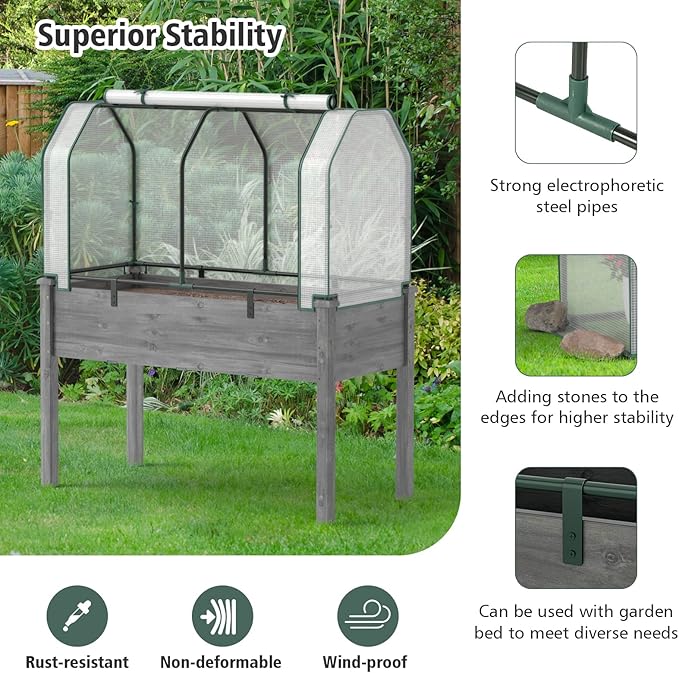 Giantex Raised Garden Bed with Mini Greenhouse, w/Dual Zipper Door, 48”x22”x54” Planter with Green House for Patio Lawn Garden, Easy Assembly (Gray & White)