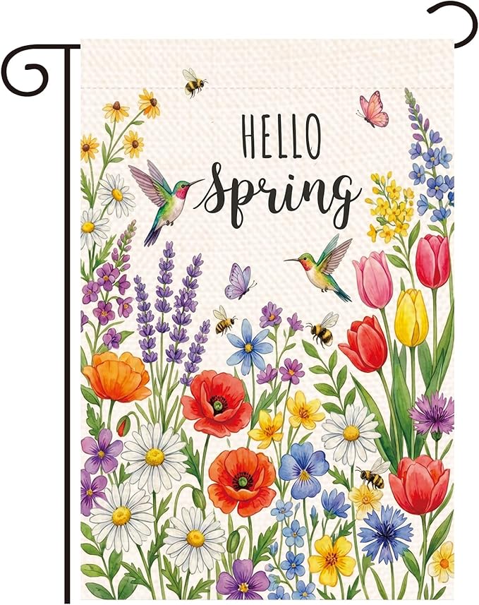Spring Summer Floral Welcome Garden Flag Hello Spring Tulip Lavender Garden Flag 12x18 Inch Double Sided 12x18 Inch Double-Sided Linen Holiday Outdoor Yard Decorative Flag