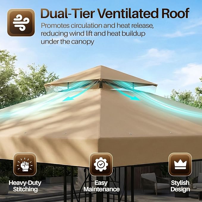 Flexzion Gazebo Cover Replacement Canopy Top 8x8 Ft (2.4m x 2.4m) - Double Tier Top Canopy Cover Replacement with UV30+, Dirt, Water Resistant for Outdoor, Sunshade, Garden, Patio, Pavilion