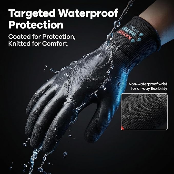 KAYGO Waterproof Work Gloves for Men and Women, Rubber Coated Non-slip Working Gloves for Garden, Outdoor Construction,KG150,Black,L