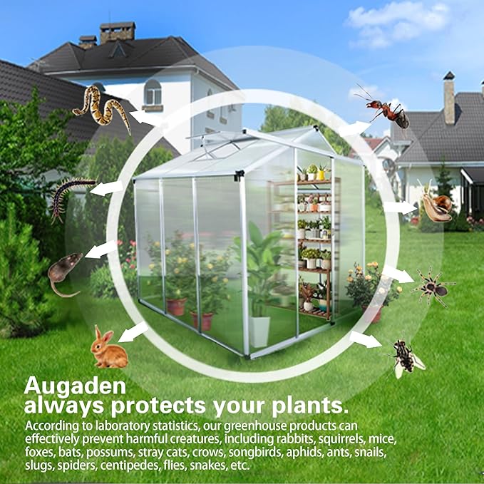 Aluminum Greenhouse for Outdoors, 6 x 10 FT Polycarbonate Walk-in Greenhouse with Quick Setup Structure and Adjustable Roof Vent, Silver