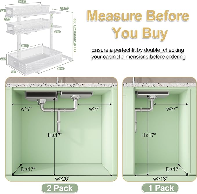 3 Tier White Under Sink Organizer,Kitchen Cabinet Storage Organizer(2 pack)