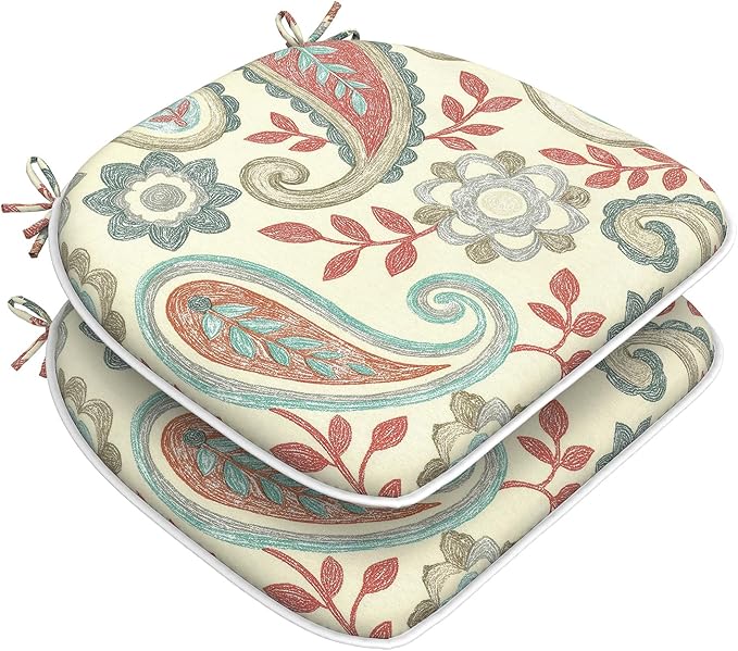 DYTXIII Set of 2 Outdoor Chair Cushions with Ties, Water Repellent Patio Chair Pads 17"x 16" for Outdoor Furniture, Round Corner Seat Cushions for Garden Yard Kitchen Paisley Vintage