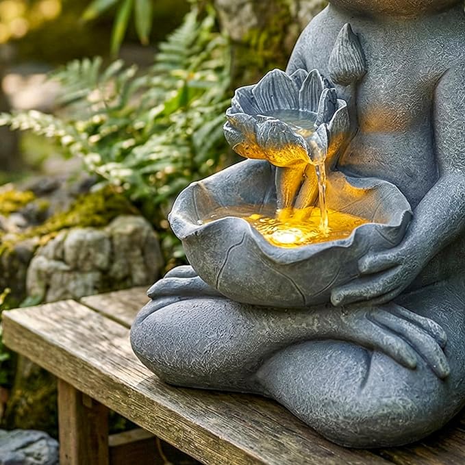 19-Inch Outdoor Water Fountain, Lively Frog Hold a Lotus Resin Waterfall Fountain with Warm LED Light, Frog Statue Water Feature for Garden, Patio, Porch, Backyard, Deck, Lawn, Balcony in Gray