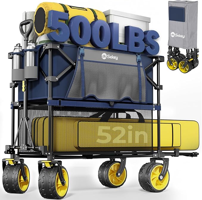 Sekey 500LBS Heavy Duty Double Decker Wagon with Extender, 400L Large Capacity Collapsible Garden Cart Fits 10x10 Canopy, All-Terrain Big Wheels with Brakes, Foldable Utility Wagon for Sports, Camping