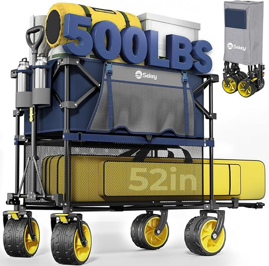 Sekey 500LBS Heavy Duty Double Decker Wagon with Extender, 400L Large Capacity Collapsible Garden Cart Fits 10x10 Canopy, All-Terrain Big Wheels with Brakes, Foldable Utility Wagon for Sports, Camping