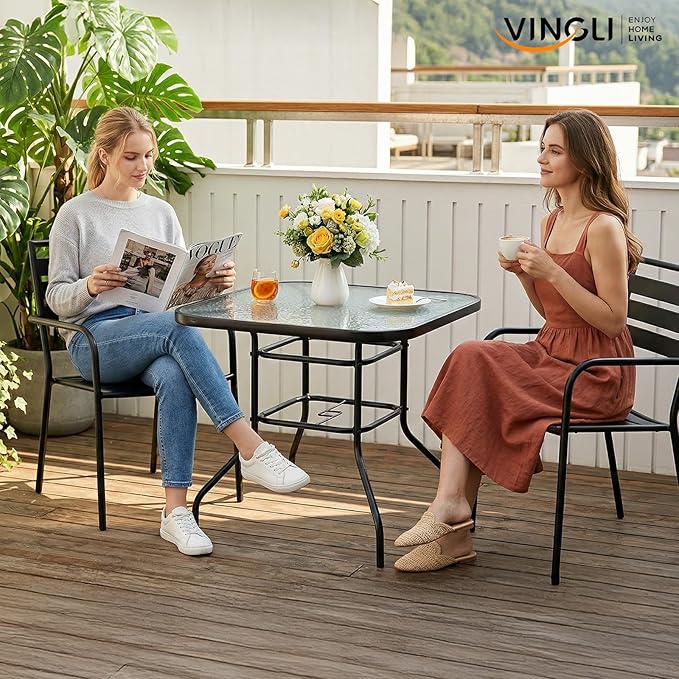 VINGLI Glass Patio Table with Umbrella Hole, 32" Square Outdoor Dining Table Steel Tempered Glass Patio Tables Outdoor Tables for Balcony Garden Deck