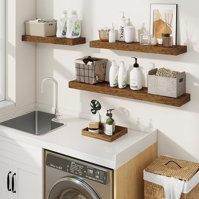 Floating Shelves for Wall, Wall Mounted Wood Shelves, Brown, Set of 2, 55in | Wood Floating Shelf with Invisible Brackets for Living Room, Bathroom, Bedroom, Kitchen, Hanging Shelf for Storage and Decor