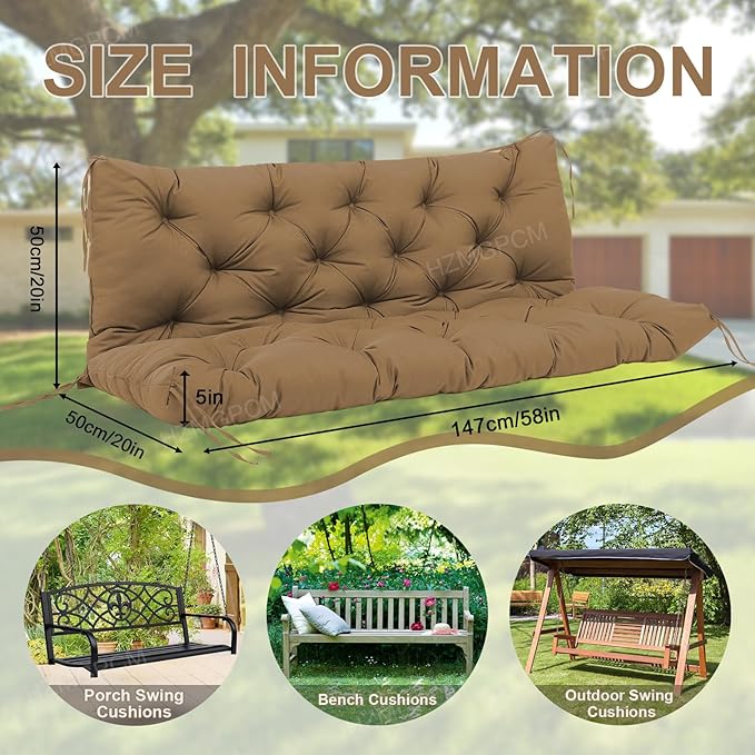 Premium 5" Thick Waterproof Porch Swing Cushions 58 inch Sturdy Durable Outdoor Swing Cushions 3 Seater Replacement with Backrest&Ties Bench Cushion for Outdoor Furniture Backyard Patio