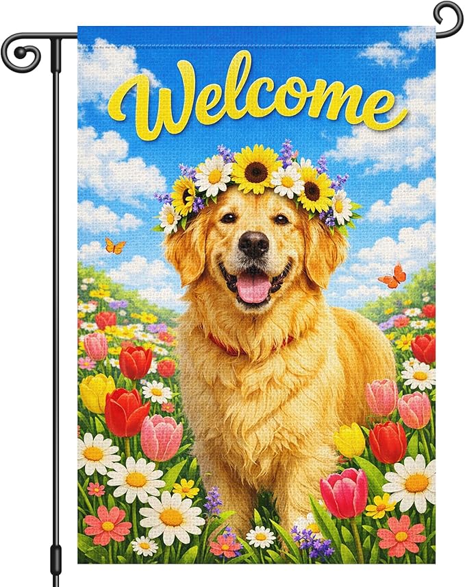 Heyfibro Spring Welcome Garden Flag 12x18 Inch Double Sided Golden Retriever Floral Garden Flag Small Yard Flags for Outside House Farmhouse Seasonal Spring Outdoor Decorations