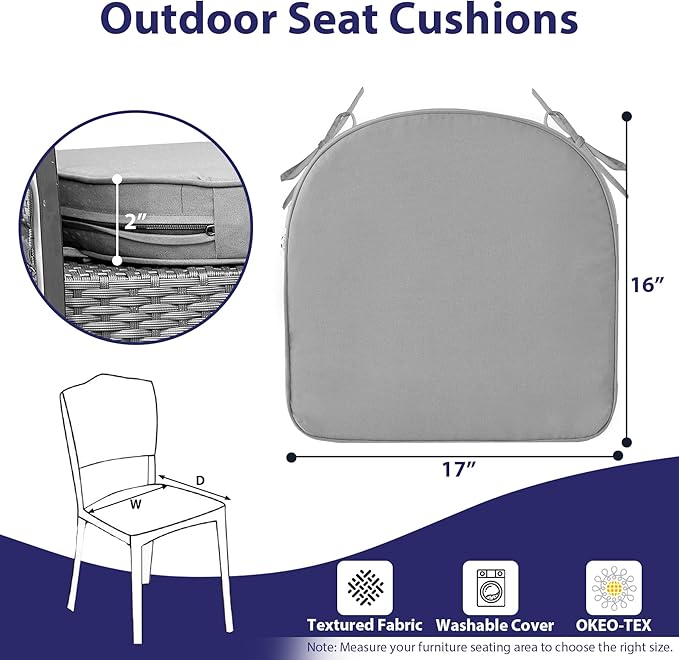 IPYNBAP Outdoor Chair Cushions Set of 4 -Waterproof Outdoor Seat Cushions for Patio Furniture, Patio Chair Cushion with Handle and Ties, Round Out Door Chair Pads,17" x 16" x 2", Grey