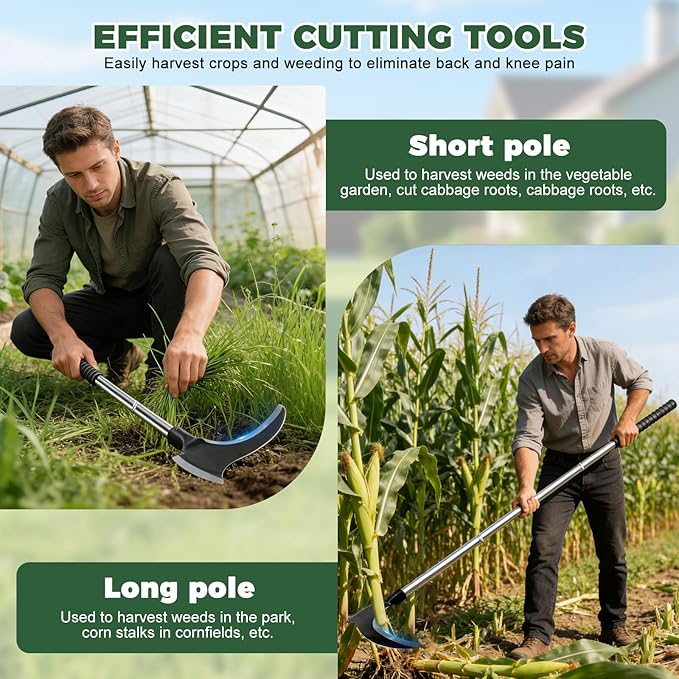 Sickle Weeding Tool-Manual Weeder Tool with Double Blade Head Heavy Duty Garden Hand Tool for Weeding Farm Harvesting Clearing Vines