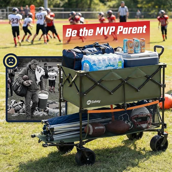 Sekey 500LBS Heavy Duty Double Decker Wagon with Extender, 400L Large Capacity Collapsible Garden Cart Fits 10x10 Canopy, All-Terrain Big Wheels with Brakes, Foldable Utility Wagon for Sports, Camping