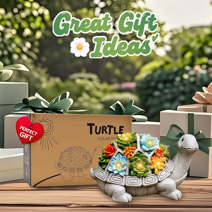 Nacome Solar Garden Outdoor Statues Turtle with Succulent and 7 LED Lights - Lawn Decor Statue for Patio, Balcony, Yard Ornament for Mom Grandma Women