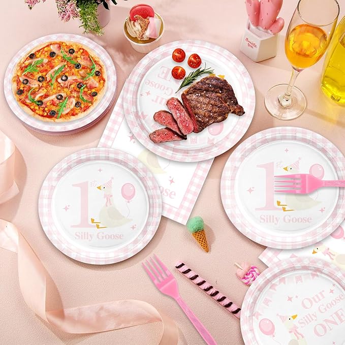 48Pcs Pink One Silly Goose Birthday Party Supplies with Plates,Napkins and Forks,Goose Birthday Party or Baby Shower Decorations Set for 16 Guests