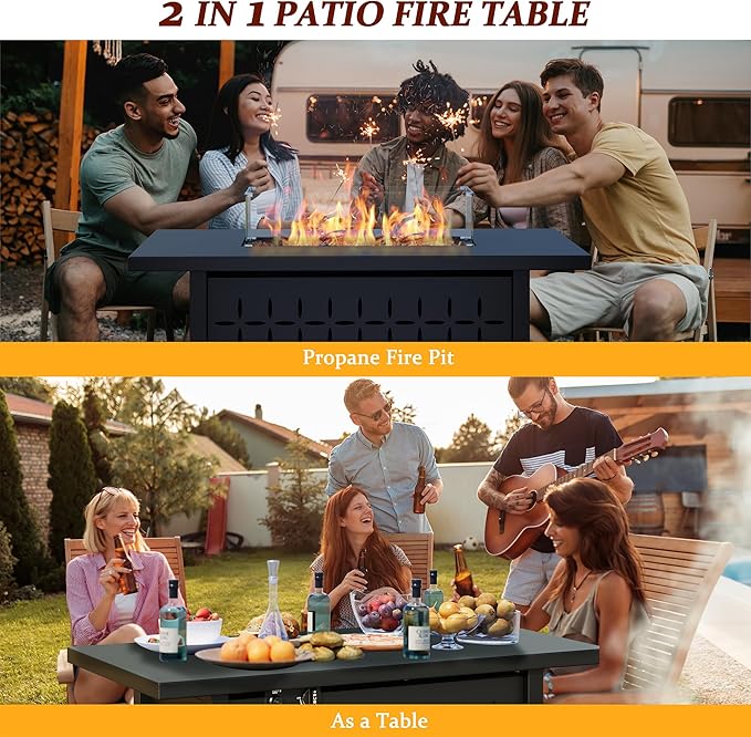 Vongrasig 8 Pieces Patio Furniture Set with 43" Fire Pit, Outdoor Couch Sectional Set, Small Conversation Set, 50,000 BTU Gas Fire Pit Propane Fire Table with Lid, Glass Wind Guard, Red
