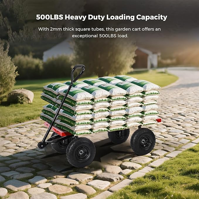 SUNNYFEEL 500 Lbs Capacity Heavy Duty Mesh Steel Garden Cart,Folding Utility Wagon with Removable Sides,10 Inch Flat Free Tires, Red