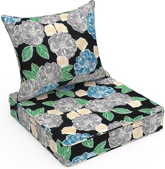 LVTXIII Outdoor Deep Seat Cushion 22"x22"x4" Patio Seat and Back Cushion Set Seasonal Chair Cushion for Dining Arm Chairs, Wicker Chairs and Garden Furniture Decoration, Peony Garden