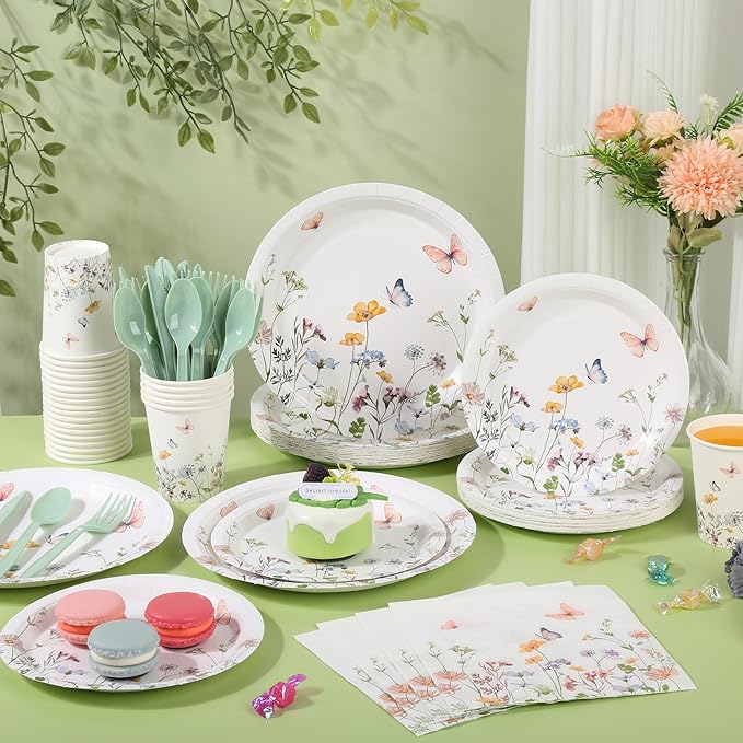 175 Pcs Wildflower Paper Plates and Napkins 25 Guests Spring Summer Floral Arrangements Tableware Party Supplies Set for Mothers Day Baby Shower Wedding Birthday Garden Tea Party