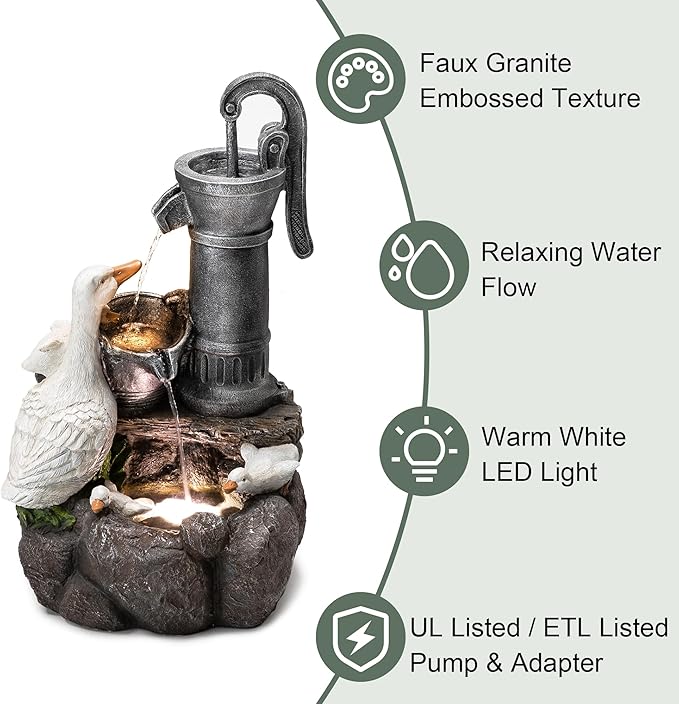 Glitzhome 23.5" Outdoor Duck Fountain with LED Light & Pump, Freestanding 2 Tier Weather-Resistant Patio Fountains Waterfall, Farmhouse Duck Family Sculpture Water Fountain for Backyard Lawn Decor