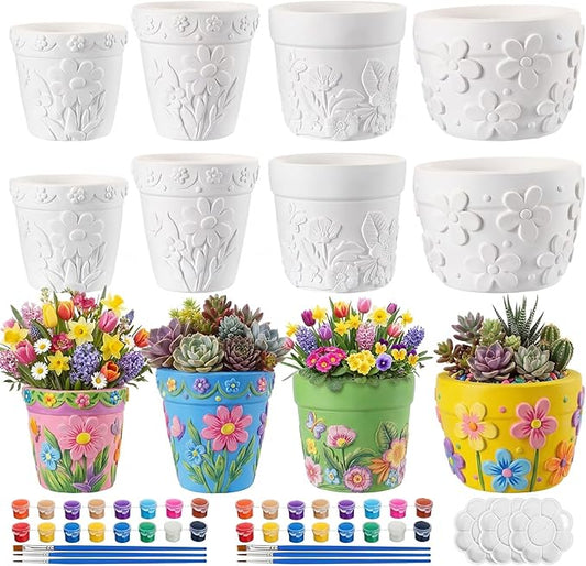 Zubebe 12 Pcs Spring Paint Your Own Flower Plaster Pots Bulk Unfinished Succulent Pots Painting Kit with Drainage Hole Mini Paintable Plant Vase Ready to Paint Planter for Spring Mother DIY Craft